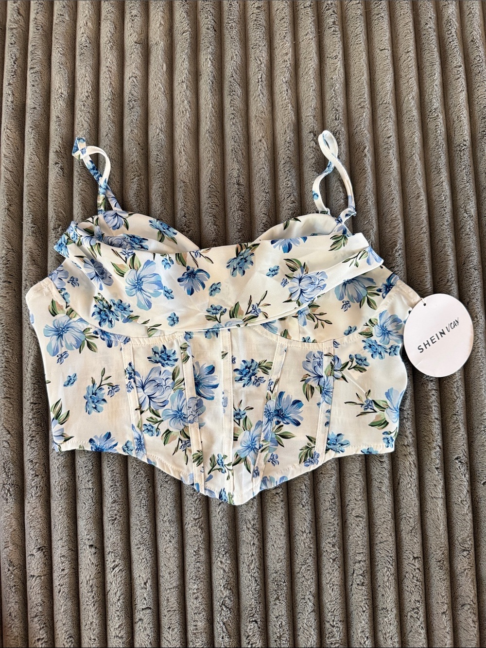 SHEIN White Corset Crop Top with Blue Floral Print